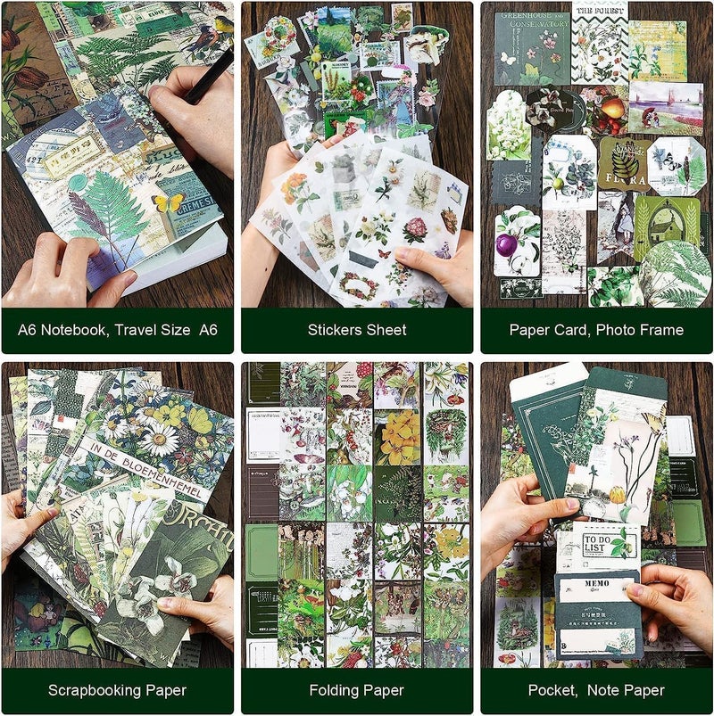 GLADBACK (346 قطعة) مجموعة دفتر ملاحظات ورقية ومجموعة قصاصات مع مستلزمات تزيين إبداعية، قرطاسية، ملصقات، دفتر A6 بشبكة مربعة كهدية للبنات (دفتر قصاصات نباتية) - Image 2