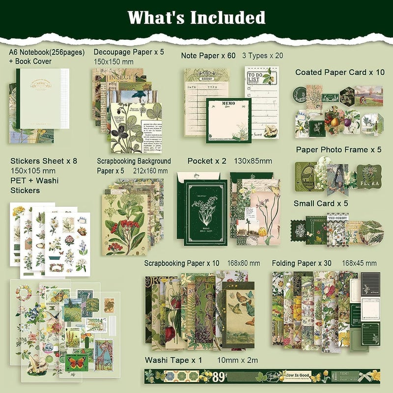 GLADBACK (346 قطعة) مجموعة دفتر ملاحظات ورقية ومجموعة قصاصات مع مستلزمات تزيين إبداعية، قرطاسية، ملصقات، دفتر A6 بشبكة مربعة كهدية للبنات (دفتر قصاصات نباتية) - Image 4