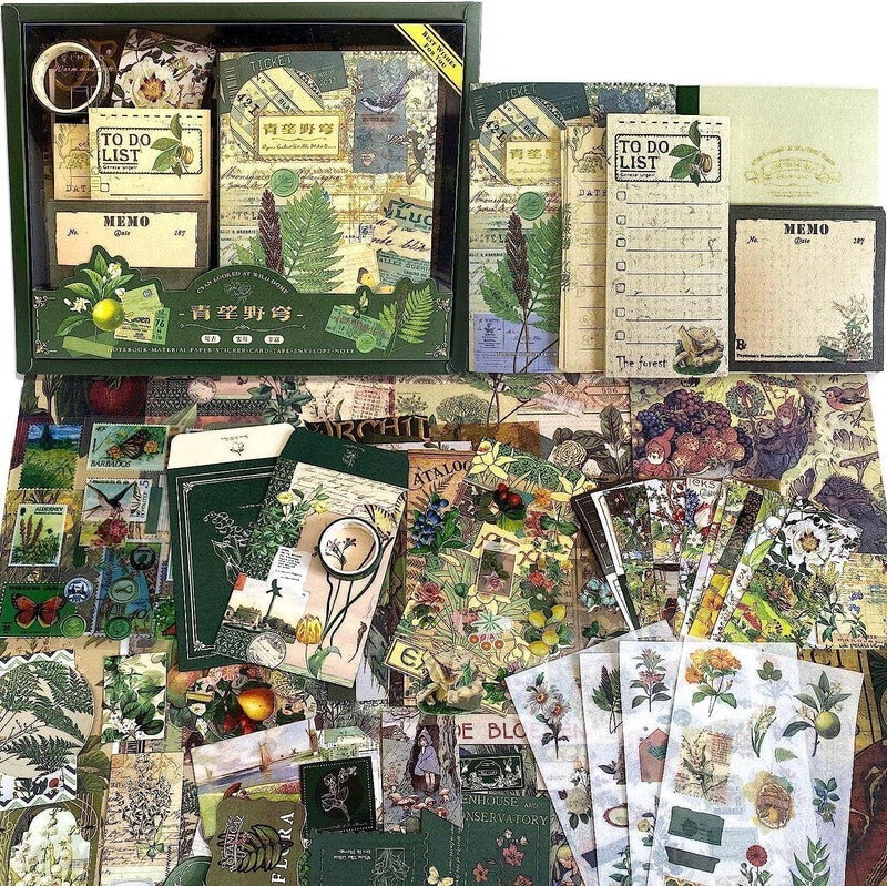 GLADBACK (346 قطعة) مجموعة دفتر ملاحظات ورقية ومجموعة قصاصات مع مستلزمات تزيين إبداعية، قرطاسية، ملصقات، دفتر A6 بشبكة مربعة كهدية للبنات (دفتر قصاصات نباتية) - Image 1