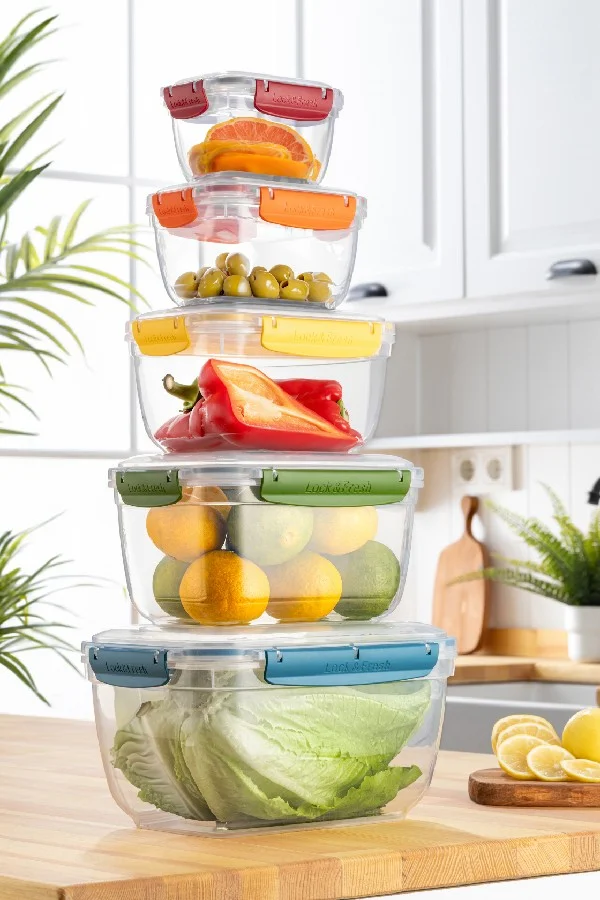Vienev 5-Piece Locked Lid Storage Container Set Large Deep Rectangle 1X(5000, 3000, 1800, 1000, 550 Ml)