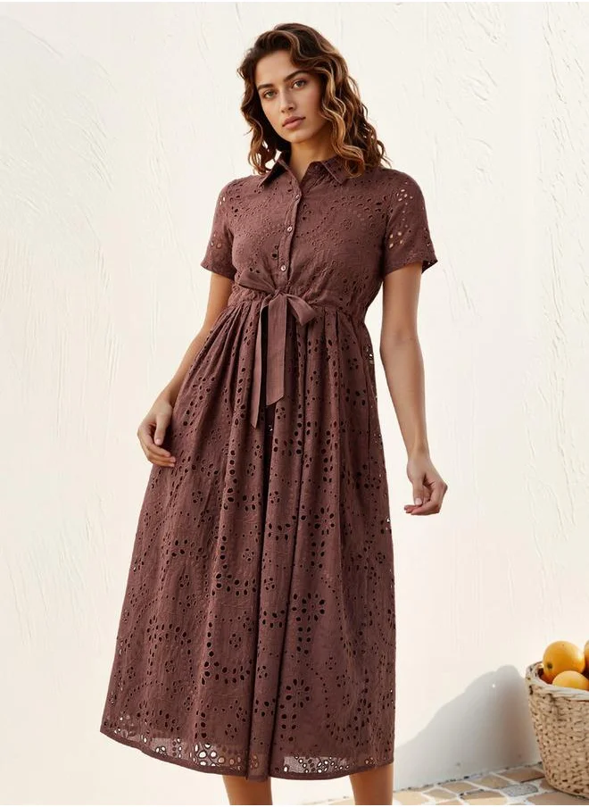2Xtremz 2Xtremz Schiffli Textured Shirt Dress with Collar and Short Sleeves