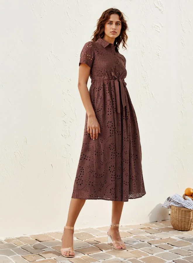 2Xtremz 2Xtremz Schiffli Textured Shirt Dress with Collar and Short Sleeves