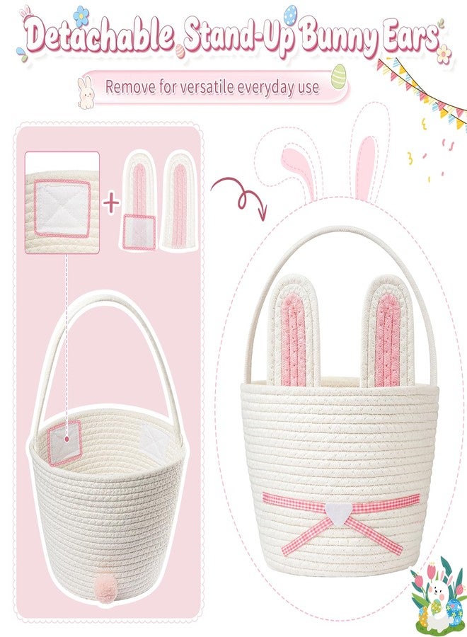 HAIMST Easter Basket, Woven Easter Bunny Basket with Handle, Empty Gift Baskets Easter Egg Hunt Basket, First Easter Basket Easter Bucket with Detachable Ears for Girls Boys Teens (Blue White) - Image 4