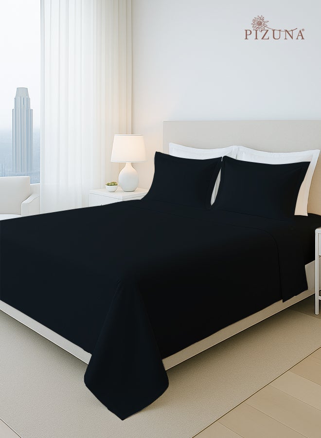 Pizuna Pure Combed Cotton Bed Sheet Set King Size Black, 400 Thread Count Cozy Luxury 100% Long Staple Cotton Sateen Weave Bedsheet Set (1 Flat Sheet, 1 Fitted Sheet, 2 Pillowcases) - Image 1