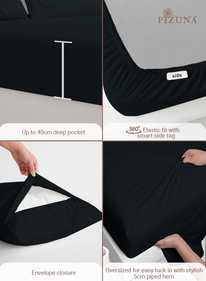 Pizuna Pure Combed Cotton Bed Sheet Set King Size Black, 400 Thread Count Cozy Luxury 100% Long Staple Cotton Sateen Weave Bedsheet Set (1 Flat Sheet, 1 Fitted Sheet, 2 Pillowcases) - Image 4