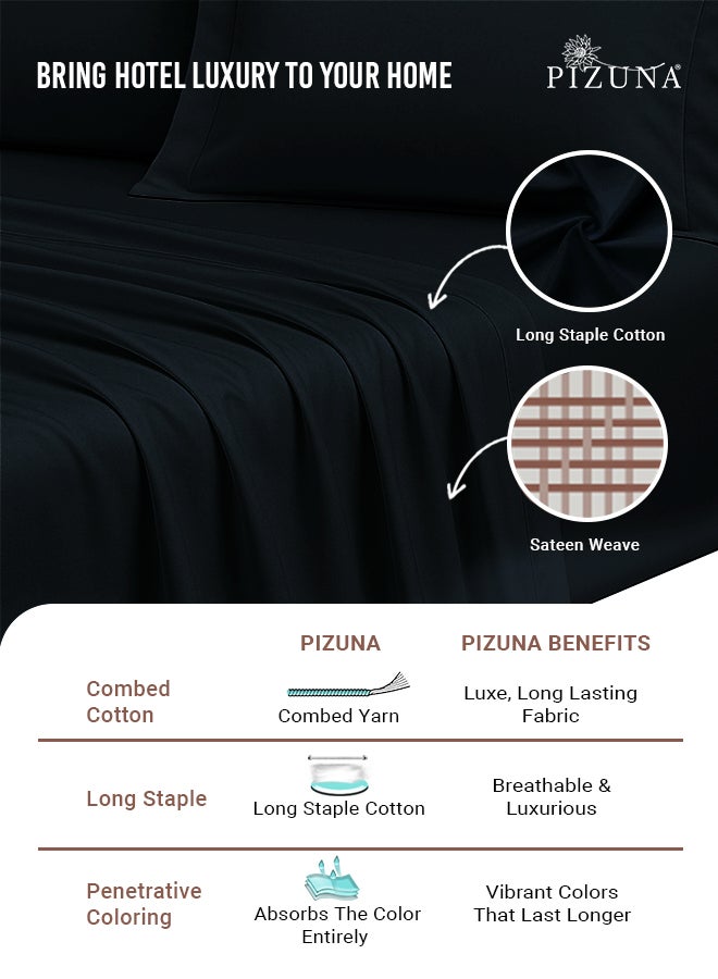 Pizuna Pure Combed Cotton Bed Sheet Set King Size Black, 400 Thread Count Cozy Luxury 100% Long Staple Cotton Sateen Weave Bedsheet Set (1 Flat Sheet, 1 Fitted Sheet, 2 Pillowcases) - Image 2