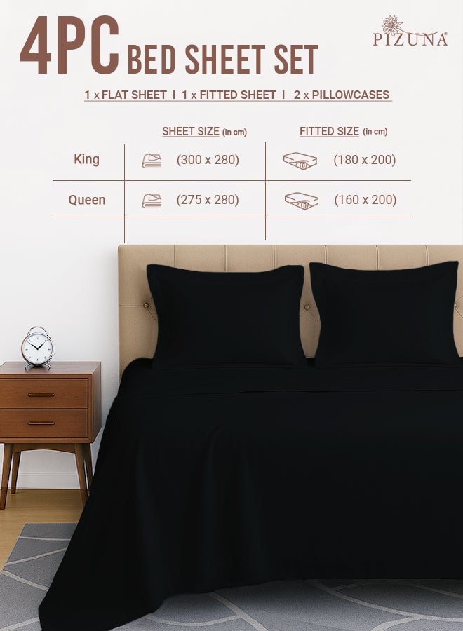 Pizuna Pure Combed Cotton Bed Sheet Set King Size Black, 400 Thread Count Cozy Luxury 100% Long Staple Cotton Sateen Weave Bedsheet Set (1 Flat Sheet, 1 Fitted Sheet, 2 Pillowcases) - Image 3