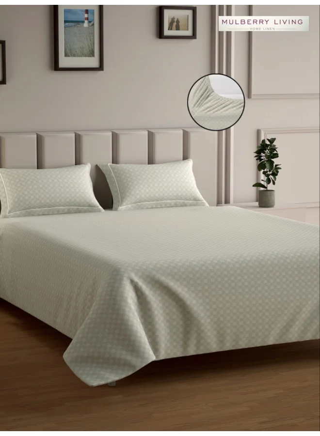 MULBERRY LIVING 100% Cotton - 300Tc Urban Grid King Size (180X200 Cms) Fitted Bedsheet With 2 Pillow Covers (50X75 Cm) - Ivory