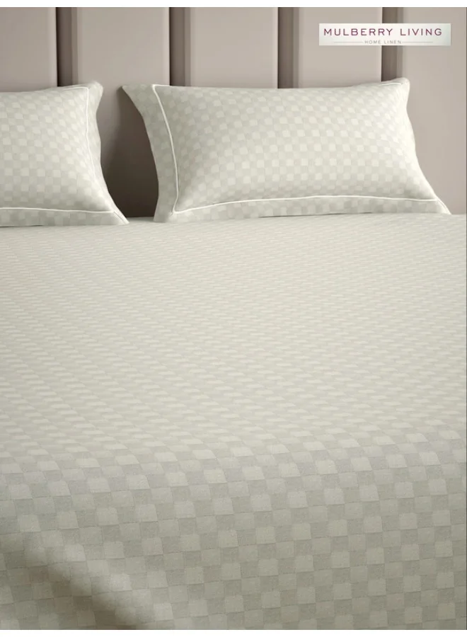 MULBERRY LIVING 100% Cotton - 300Tc Urban Grid King Size (180X200 Cms) Fitted Bedsheet With 2 Pillow Covers (50X75 Cm) - Ivory