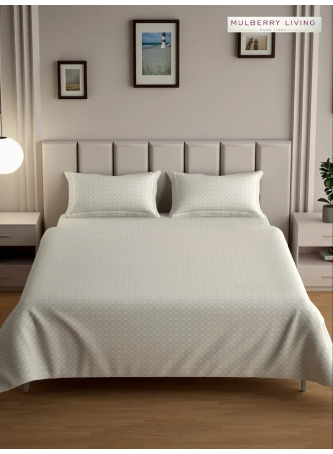 MULBERRY LIVING 100% Cotton - 300Tc Urban Grid King Size (180X200 Cms) Fitted Bedsheet With 2 Pillow Covers (50X75 Cm) - Ivory