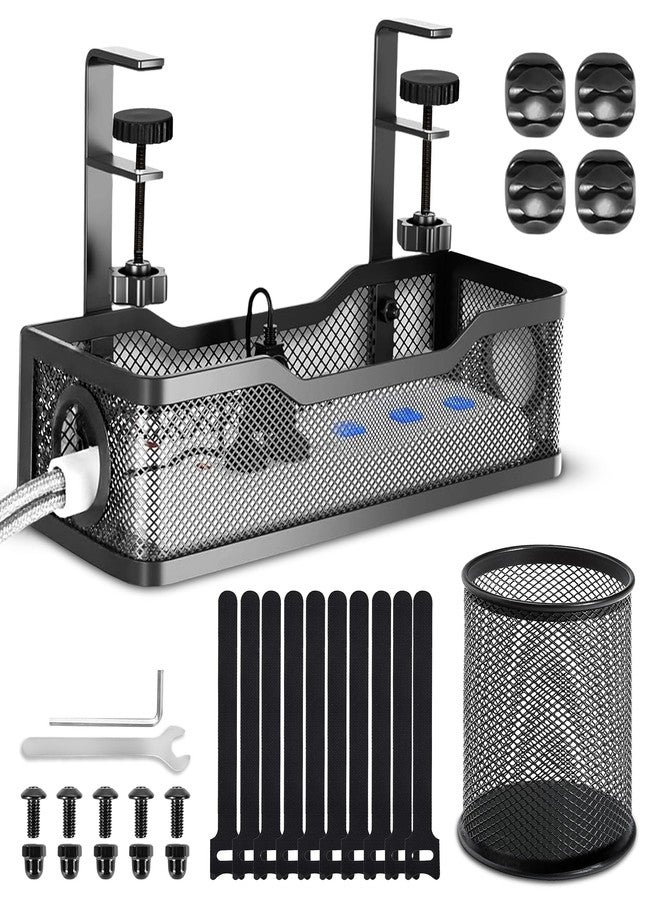 GLUN® Adjustable Under Desk Cable Organizer Rack, Screw-Fixed Wire Management Tray for Power Cord, Extension Board & Network Cables, Black Includes 10 Cable Ties & 4 Cable Organizers - Image 1