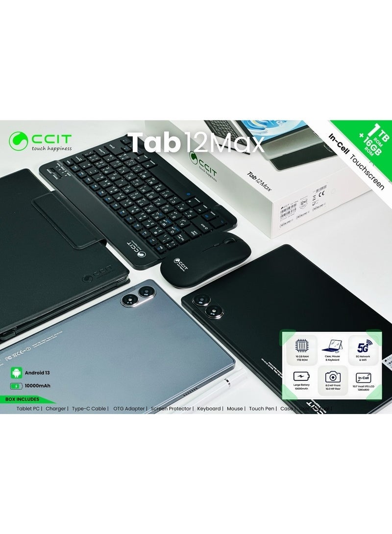 CCIT Tab 12 Max – 10.1" FHD Android 13 Tablet, 16GB RAM + 1TB ROM, 4G LTE, Dual Camera, 10000mAh Battery, Includes Keyboard, Mouse & Stylus Pen – High-Performance Tablet for Work & Study - Image 4