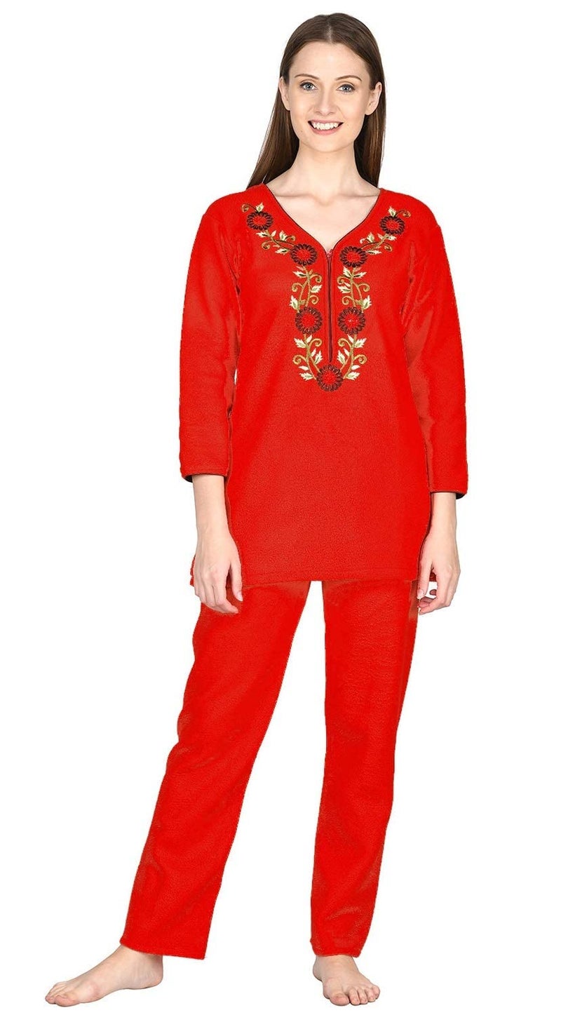 Noty Store Noty ® Girl's/Women's Woollen Fleece- Woolen/Winter- Night Suit-2 Pc Set (Red, Small) - Image 1