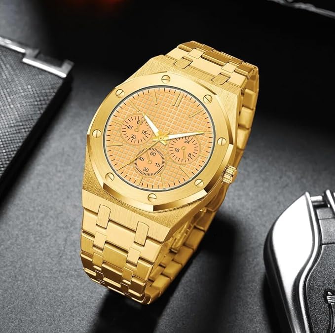 SWADESI STUFF Metallic Multi Dial Multi Case Multi Belt Analogue Watches For Men (Gold) - Image 4