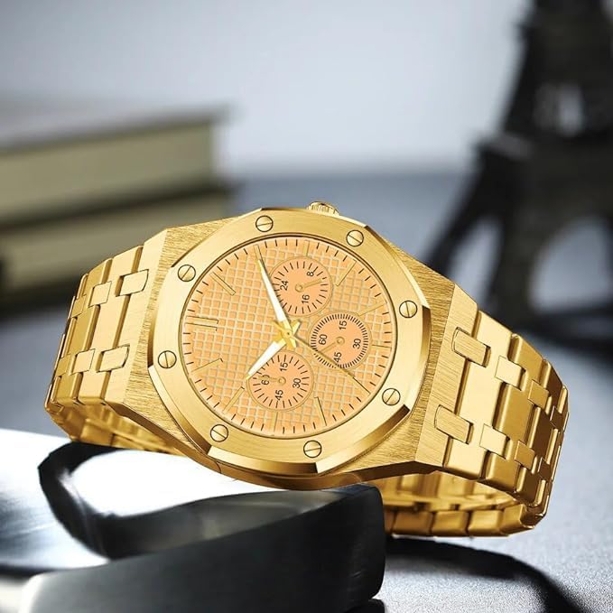 SWADESI STUFF Metallic Multi Dial Multi Case Multi Belt Analogue Watches For Men (Gold) - Image 5