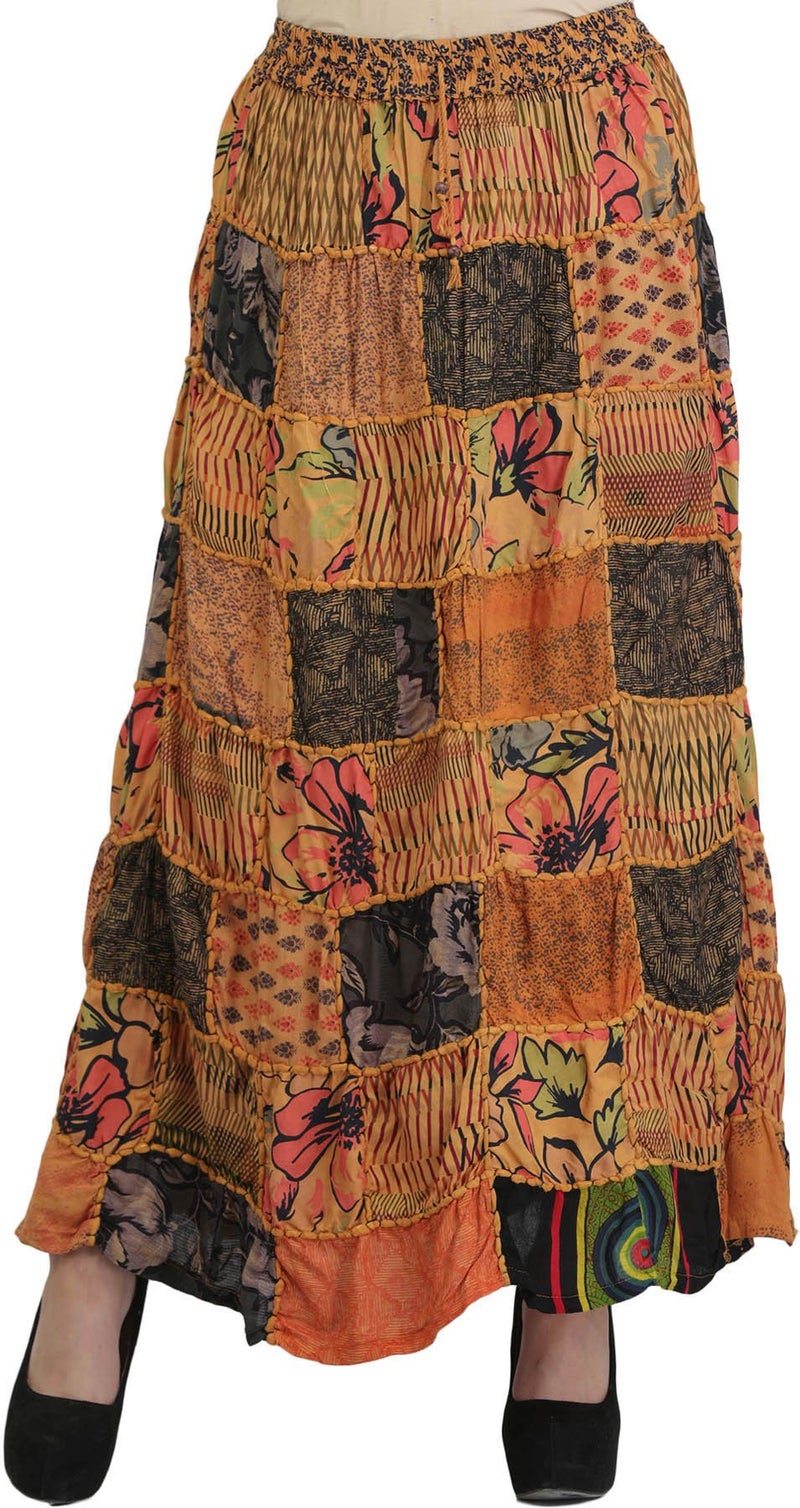 Exotic India Long Printed Dori Skirt from Gujarat with Patch Work - Rayon - Color Beige - Image 2