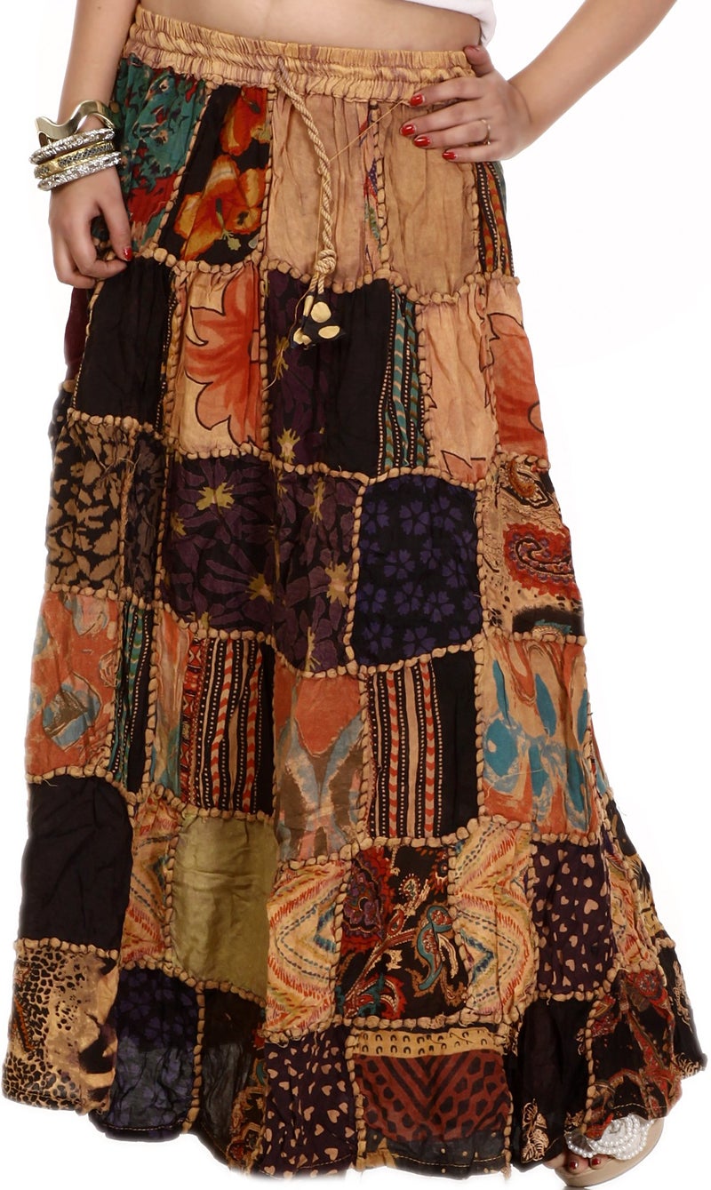 Exotic India Long Printed Dori Skirt from Gujarat with Patch Work - Rayon - Color Beige - Image 1