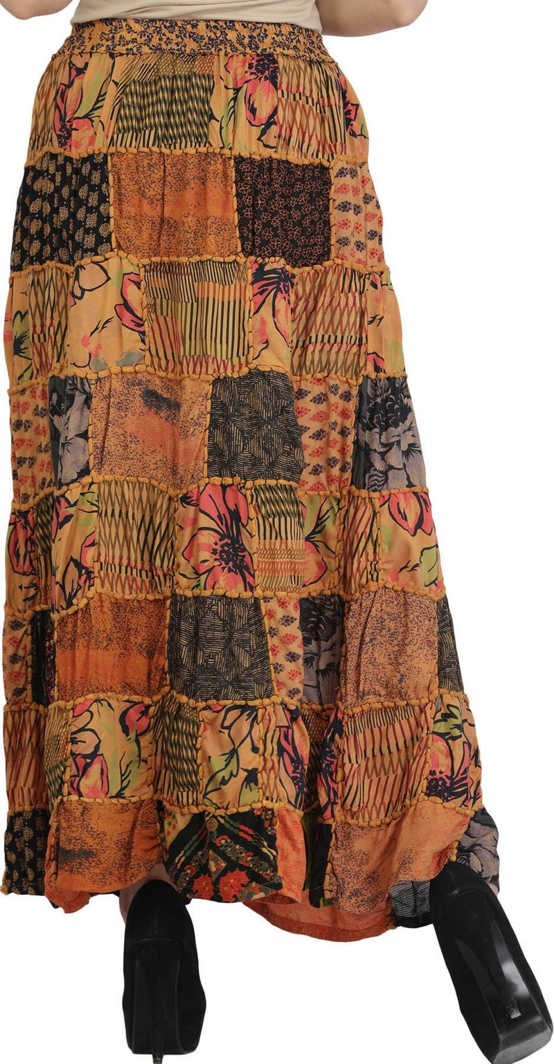 Exotic India Long Printed Dori Skirt from Gujarat with Patch Work - Rayon - Color Beige - Image 4