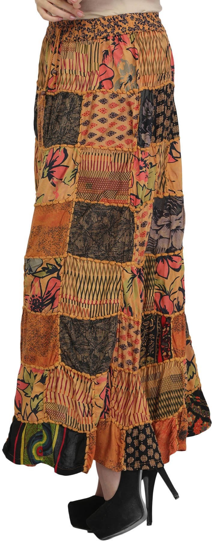 Exotic India Long Printed Dori Skirt from Gujarat with Patch Work - Rayon - Color Beige - Image 3