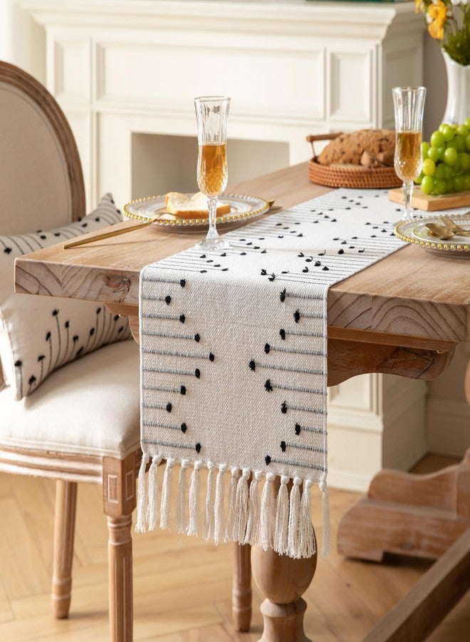 Caflife Boho Table Runner 13 x 90 Inch Long Natural Cotton Woven Runner with Tassels for Home Dining Table décor, for Modern Farmhouse Decor Coffee Table Runner, Black and Beige - Image 2