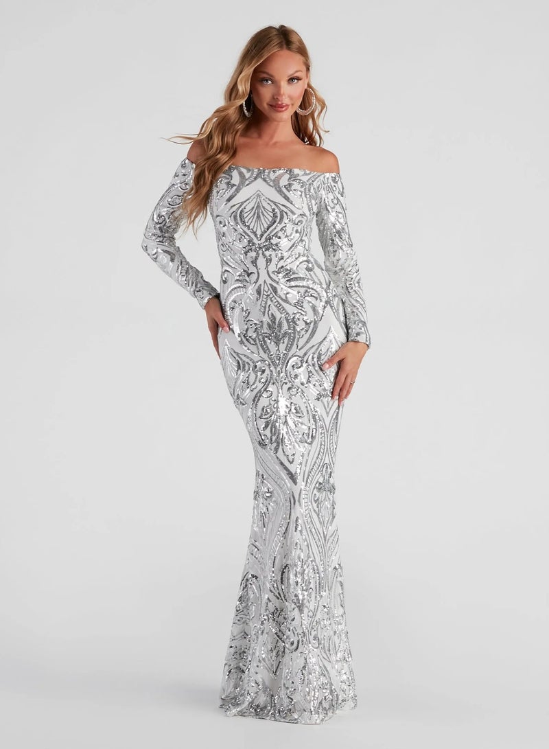 Off - Shoulder Long Sleeve Sequin Maxi Dress, Mermaid Cut