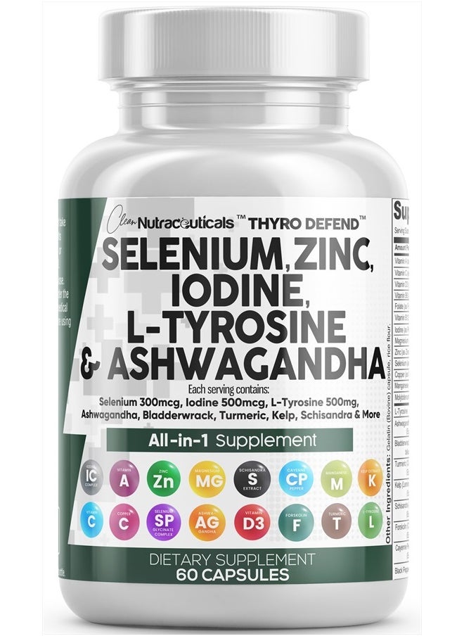Clean Nutraceuticals - Selenium 300mcg Zinc 50mg Iodine 500mcg L Tyrosine 500mg Ashwagandha 6000mg - Thyroid Support Supplement for Women and Men with Bladderwrack, Turmeric, Kelp, Schisandra - 60 Capsules - Image 1