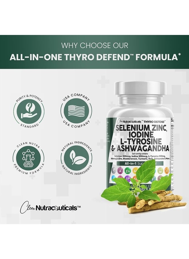 Clean Nutraceuticals - Selenium 300mcg Zinc 50mg Iodine 500mcg L Tyrosine 500mg Ashwagandha 6000mg - Thyroid Support Supplement for Women and Men with Bladderwrack, Turmeric, Kelp, Schisandra - 60 Capsules - Image 1