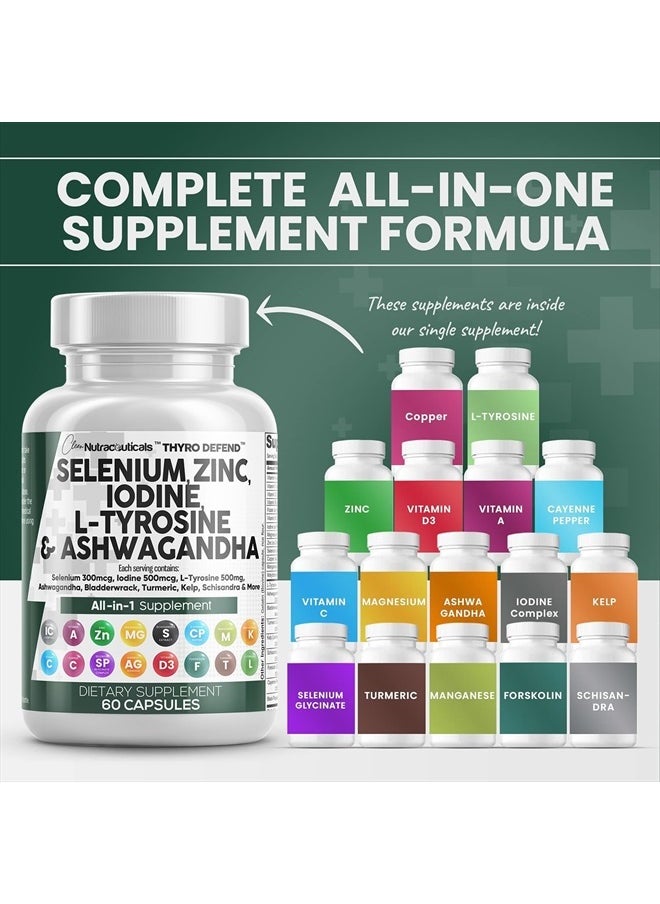 Clean Nutraceuticals - Selenium 300mcg Zinc 50mg Iodine 500mcg L Tyrosine 500mg Ashwagandha 6000mg - Thyroid Support Supplement for Women and Men with Bladderwrack, Turmeric, Kelp, Schisandra - 60 Capsules - Image 1