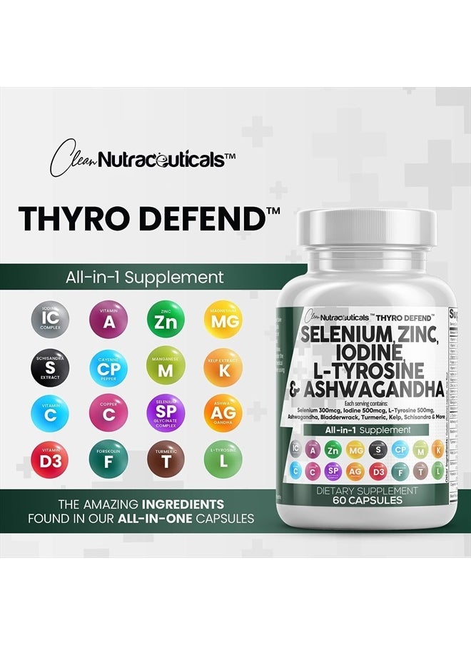 Clean Nutraceuticals - Selenium 300mcg Zinc 50mg Iodine 500mcg L Tyrosine 500mg Ashwagandha 6000mg - Thyroid Support Supplement for Women and Men with Bladderwrack, Turmeric, Kelp, Schisandra - 60 Capsules - Image 1