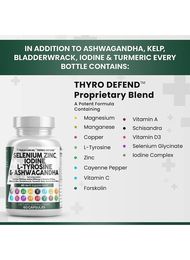 Clean Nutraceuticals - Selenium 300mcg Zinc 50mg Iodine 500mcg L Tyrosine 500mg Ashwagandha 6000mg - Thyroid Support Supplement for Women and Men with Bladderwrack, Turmeric, Kelp, Schisandra - 60 Capsules - Image 1
