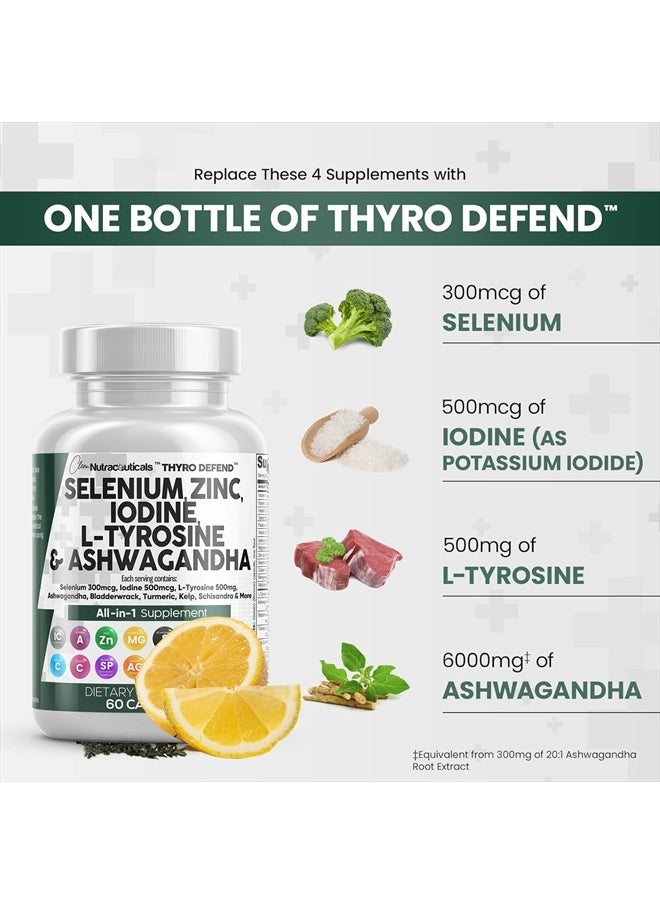 Clean Nutraceuticals - Selenium 300mcg Zinc 50mg Iodine 500mcg L Tyrosine 500mg Ashwagandha 6000mg - Thyroid Support Supplement for Women and Men with Bladderwrack, Turmeric, Kelp, Schisandra - 60 Capsules - Image 1
