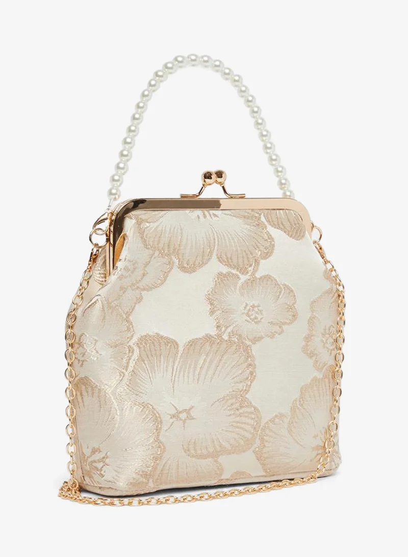 Styli Gold Floral Handbag with Pearl Handle