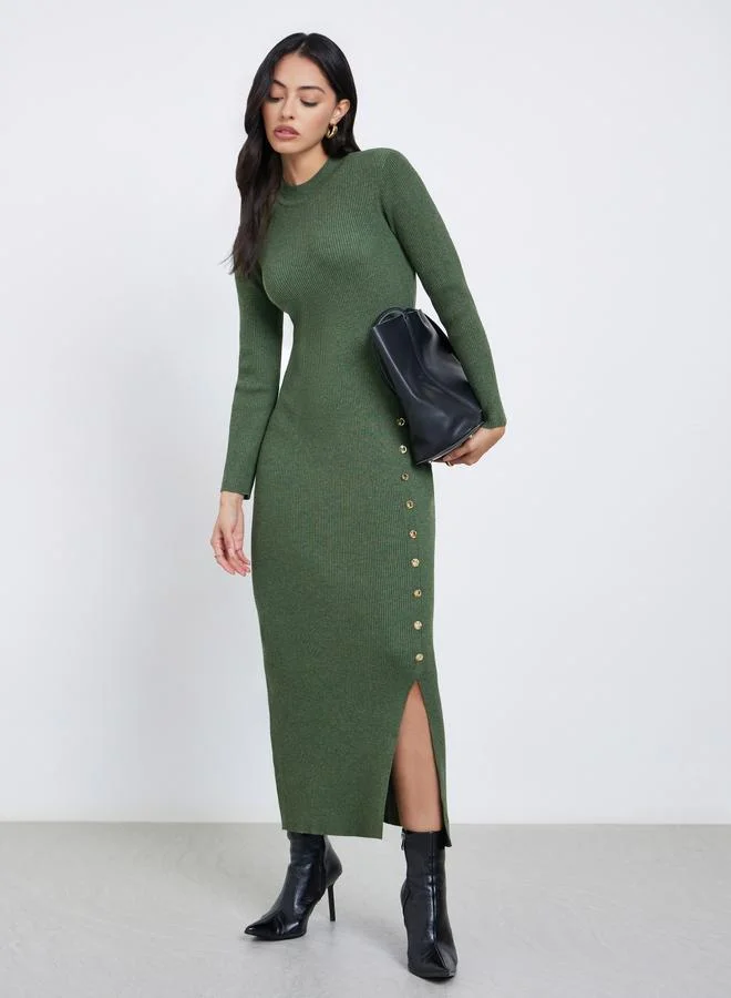 Styli Styli Olive Side Slit Long Sleeves Sweater Maxi Dress