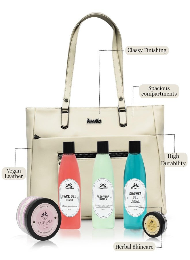 روزيتا حقيبة يد نسائية من روزيتا مع مجموعة هدايا للعناية بالبشرة بالأعشاب | حقيبة كتف من الجلد النباتي مع جل للوجه، جل استحمام، لوشن الصبار، وملح الاستحمام | هدية مثالية للنساء (كريم) - Image 3