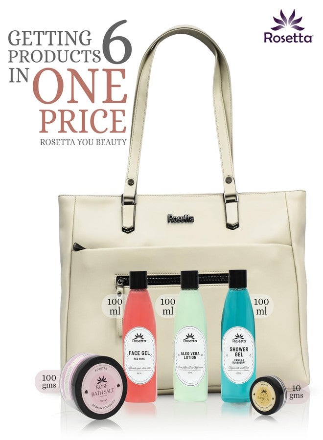 روزيتا حقيبة يد نسائية من روزيتا مع مجموعة هدايا للعناية بالبشرة بالأعشاب | حقيبة كتف من الجلد النباتي مع جل للوجه، جل استحمام، لوشن الصبار، وملح الاستحمام | هدية مثالية للنساء (كريم) - Image 5