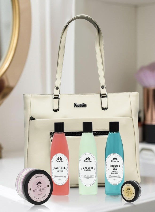 روزيتا حقيبة يد نسائية من روزيتا مع مجموعة هدايا للعناية بالبشرة بالأعشاب | حقيبة كتف من الجلد النباتي مع جل للوجه، جل استحمام، لوشن الصبار، وملح الاستحمام | هدية مثالية للنساء (كريم) - Image 1