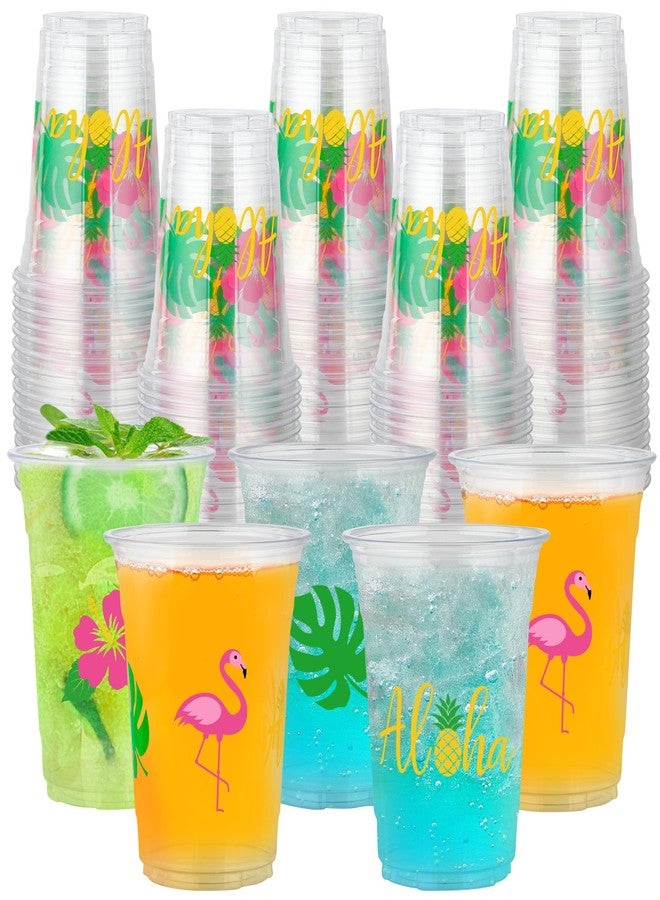 Maniaacer 50 Pcs Hawaiian Luau Party Cups 16 oz Tropical Luau Drinking Cups Disposable Aloha Pineapple Clear Cup Plastic Hawaii Hibiscus Flamingo Cup for Tropical Birthday Party Supplies - Image 1