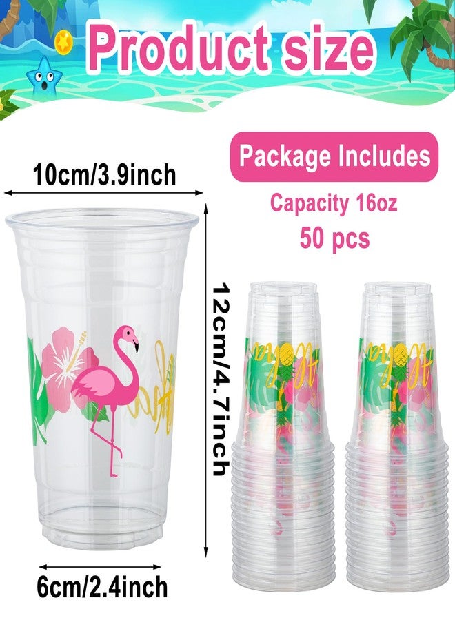 Maniaacer 50 Pcs Hawaiian Luau Party Cups 16 oz Tropical Luau Drinking Cups Disposable Aloha Pineapple Clear Cup Plastic Hawaii Hibiscus Flamingo Cup for Tropical Birthday Party Supplies - Image 2