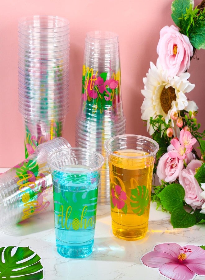 Maniaacer 50 Pcs Hawaiian Luau Party Cups 16 oz Tropical Luau Drinking Cups Disposable Aloha Pineapple Clear Cup Plastic Hawaii Hibiscus Flamingo Cup for Tropical Birthday Party Supplies - Image 5