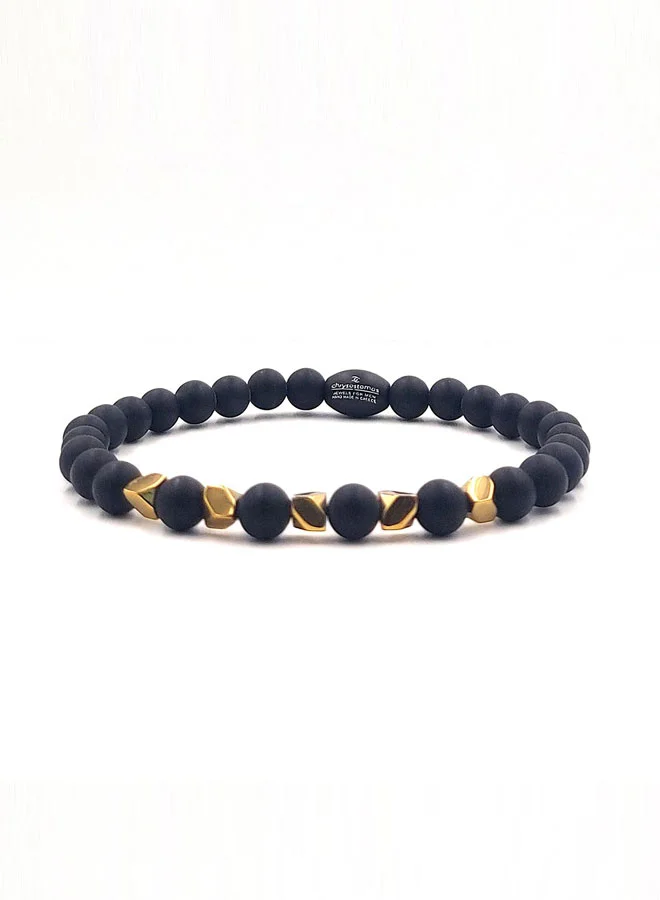 CHRYSOSTOMOS Handmade Leather Bracelet for Men with Black Onyx and Gold Hematite, Elastic Made of Silicone