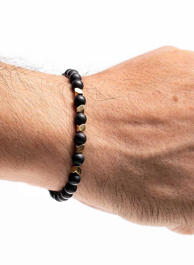 CHRYSOSTOMOS Handmade Leather Bracelet for Men with Black Onyx and Gold Hematite, Elastic Made of Silicone