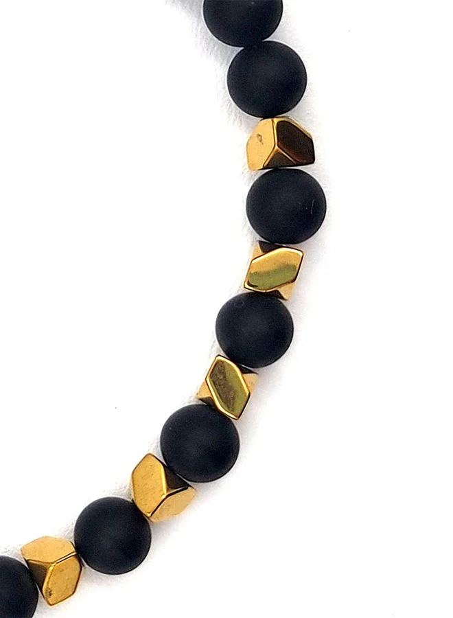 CHRYSOSTOMOS Handmade Leather Bracelet for Men with Black Onyx and Gold Hematite, Elastic Made of Silicone