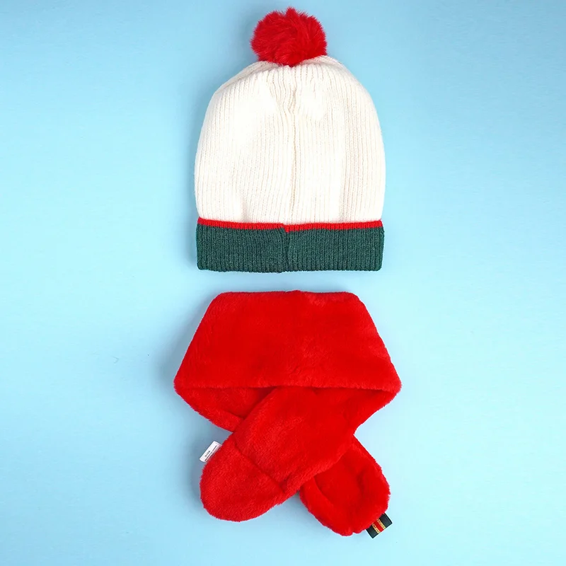 LITTLE SURPRISE BOX 2Pcs White & Red Tree Christmas Themed Winter Cap Beanie With Matching Long Style Neck Muffler For Kids