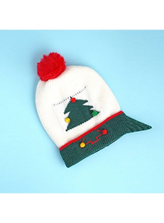 LITTLE SURPRISE BOX 2Pcs White & Red Tree Christmas Themed Winter Cap Beanie With Matching Long Style Neck Muffler For Kids