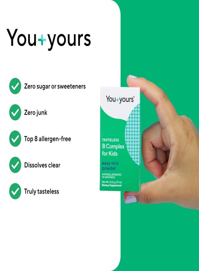 You+yours مسحوق فيتامينات ب المركب عديم الطعم من يو+يورز للأطفال - يحتوي على فيتامينات ب1، ب3، ب5، ب6، ميثيل فولات، وميثيل ب12. خالٍ من المحليات والنكهات والألوان والمواد الحافظة. يُضاف إلى المشروبات أو الطعام. - Image 3