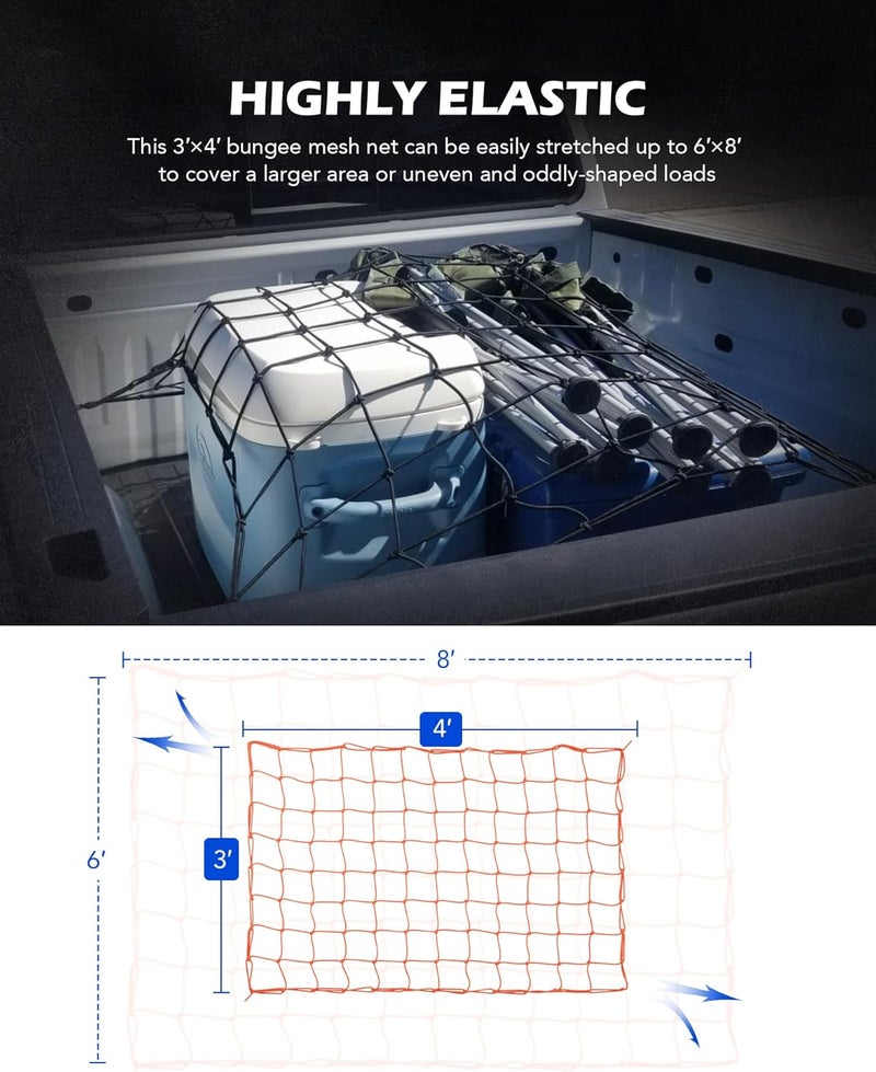 Orion Motor Tech شبكة شحن صغيرة أوريون موتور تيك، 3x4 قدم شبكة شحن لحامل السقف بشبكة صغيرة 4x4 بوصة، شبكة صندوق شاحنة بحجم أقصى 6x8 قدم مع حلقات تسلق قابلة للقفل وأشرطة، شبكة شحن للسيارات (3 × 4 قدم، برتقالي) - Image 4