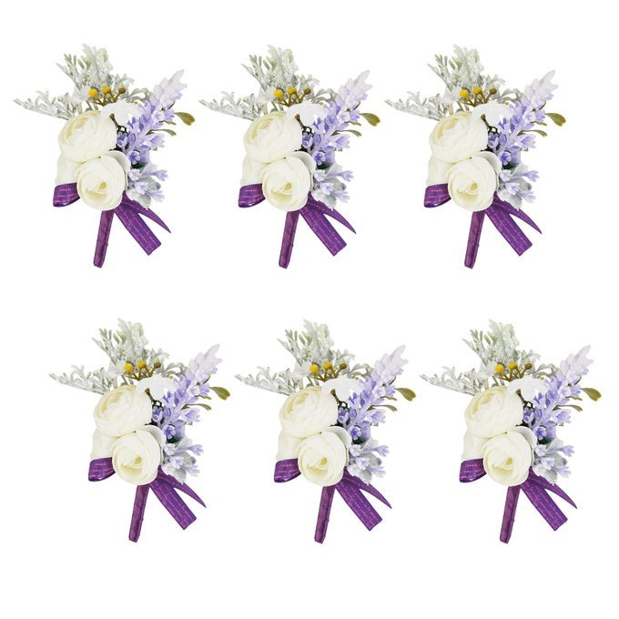 PURPLE BOUTONNIERE FOR MEN SET OF 6 GROOM AND BEST MAN BOUTONNIERE WITH ARTIFICIAL FLOWER LAVENDER FOR WEDDING CEREMONY ANNIVERSARY FORMAL DINNER PARTY FALL VINTAGE RUSTIC WEDDING PROM