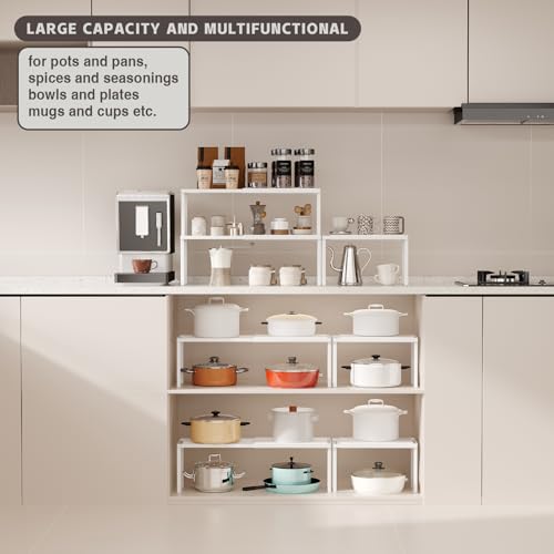 Magheo Expandable Cabinet Shelf Organizer, 2 Pack Stackable Kitchen Counter Shelf Riser, Metal Spice Rack Adjustable Heavy Duty Countertop Organizer Storage for Kitchen, Pantry, Cupboard, Rv (White) - Image 5