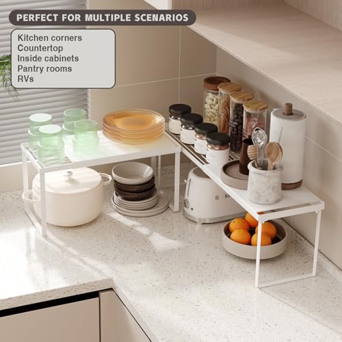 Magheo Expandable Cabinet Shelf Organizer, 2 Pack Stackable Kitchen Counter Shelf Riser, Metal Spice Rack Adjustable Heavy Duty Countertop Organizer Storage for Kitchen, Pantry, Cupboard, Rv (White) - Image 4