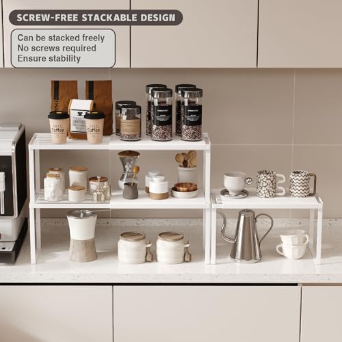 Magheo Expandable Cabinet Shelf Organizer, 2 Pack Stackable Kitchen Counter Shelf Riser, Metal Spice Rack Adjustable Heavy Duty Countertop Organizer Storage for Kitchen, Pantry, Cupboard, Rv (White) - Image 3